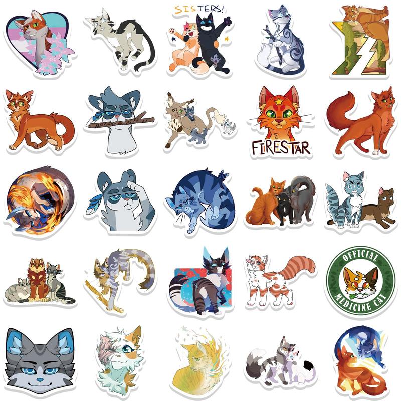 52pcs Cartoon Cat Warrior Series Sticker, Waterproof Sticker Pack for Wall Water Bottle Skateboard Helmet Car Bike Luggage Laptop