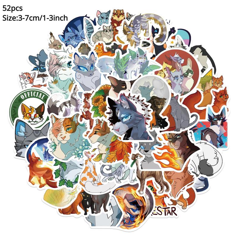 52pcs Cartoon Cat Warrior Series Sticker, Waterproof Sticker Pack for Wall Water Bottle Skateboard Helmet Car Bike Luggage Laptop