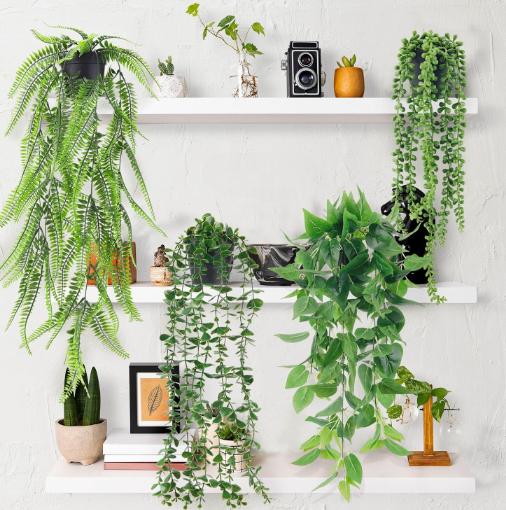 [Limited Time Deal] 4 Pack Fake Plants with Pots, Artificial Ivy, Eucalyptus, Boston Fern, & String of Pearls for Indoor Outdoor Decor.