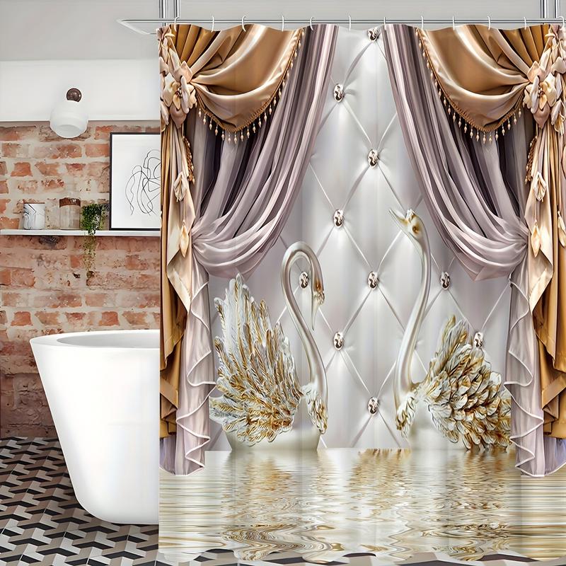 Shower Curtain Set Gold Floral Swan Print with Hooks Waterproof Bathroom Partition Curtain Room Decoration Accessories Flower