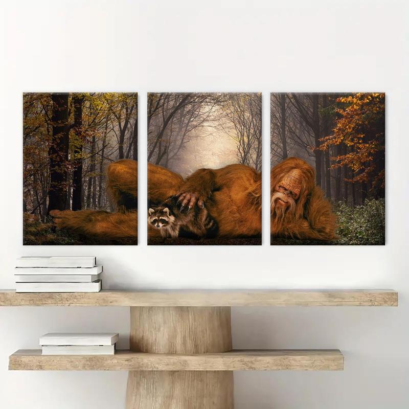 Wooden Framed Canvas Painting, 3 Counts set Sasquatch & Animal Pattern Wall Art, Modern Wall Decor for Home Living Room Bedroom Office