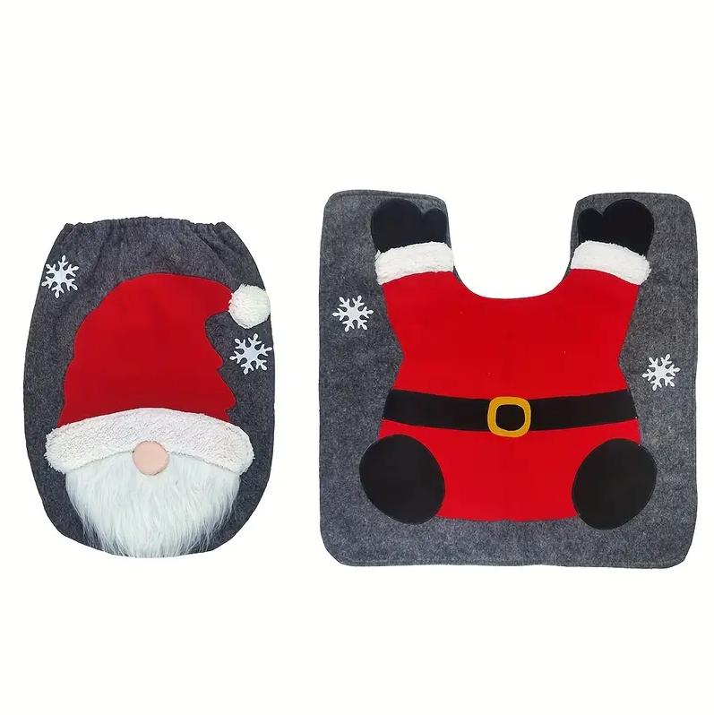 2pcs Festive Santa Toilet Mat Set - U-Shape Toilet Lid Cover Pad for Christmas Bathroom Decor and Supplies Christmas Decorations Thanksgiving Gift