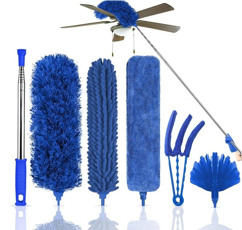 Microfiber Feather Duster, 6pcs Washable Cobweb Dusters with 100” Extension Long Pole Cleaning Kit, Bendable Telescopic Duster for Ceiling Fan, Blinds, Furniture, Cars