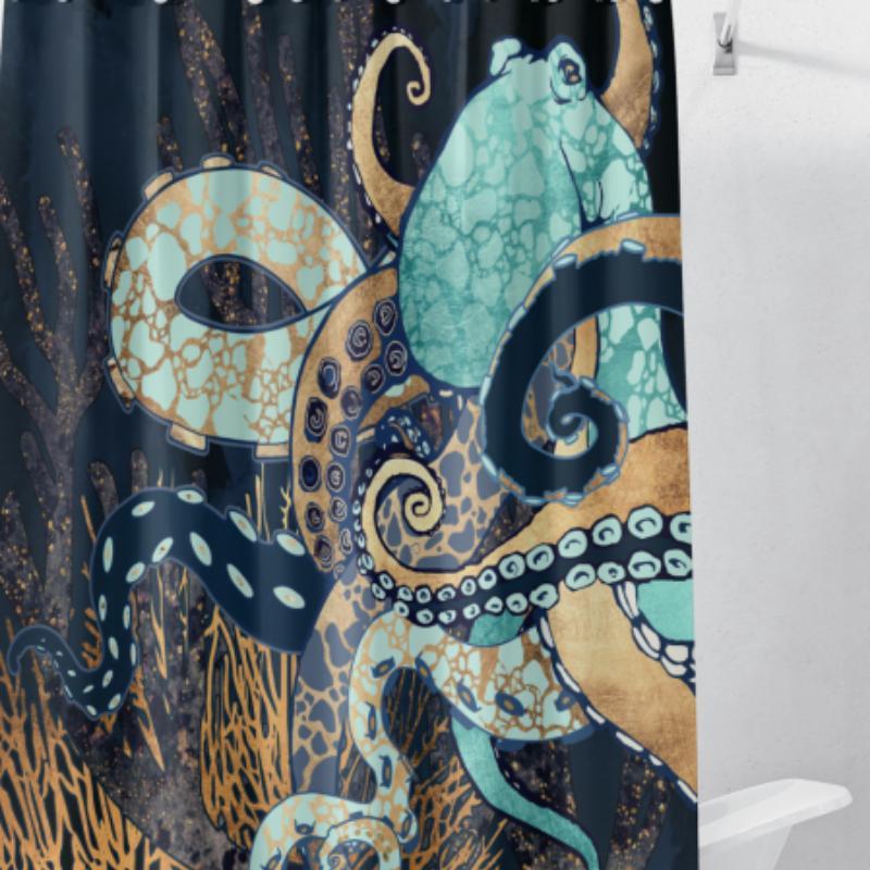 Octopus Pattern Shower Curtain, 1 Count Waterproof Bathroom Curtain with 12pcs Hooks, Bathroom Decor Supplies for Home Hotel Salon