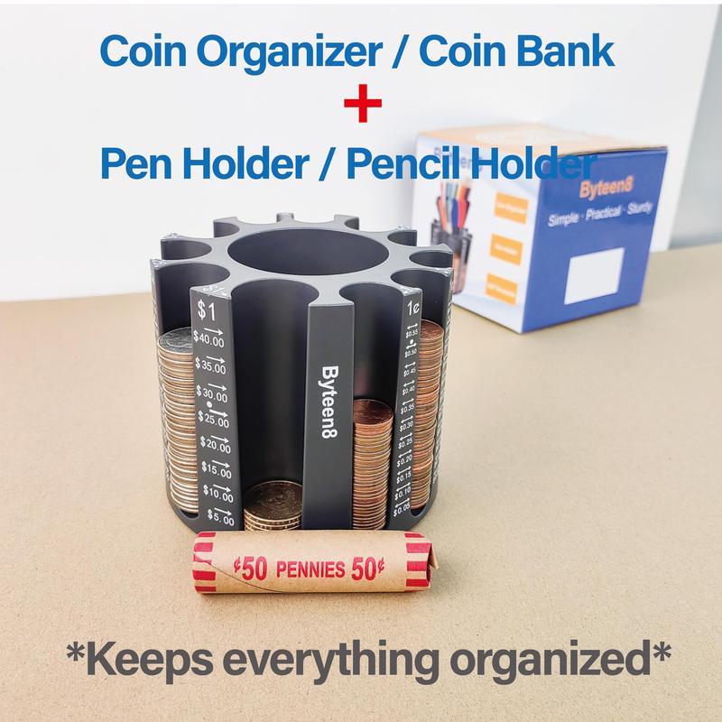 Coin Counter Coin Sorter｜Pen Holder + Coin Holder as Desk Organizer｜Piggy Bank for Adults & Kids + Pencil Holder for Desk｜Coin Wrappers Coin Bank store 500pcs｜Creative Gifts for Kids & Family Decor Set