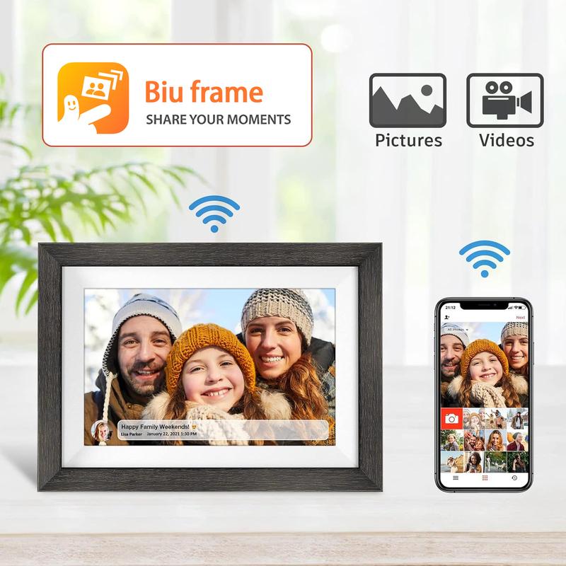 Ekoio Gift idea 10.1 inch Digital photo Frame WiFi Smart Digital Photo Frame Wood IPS HD 1280 * 800 1080P Touch Screen Auto-Rotate Easy Setup to use Free Share Photos and Videos