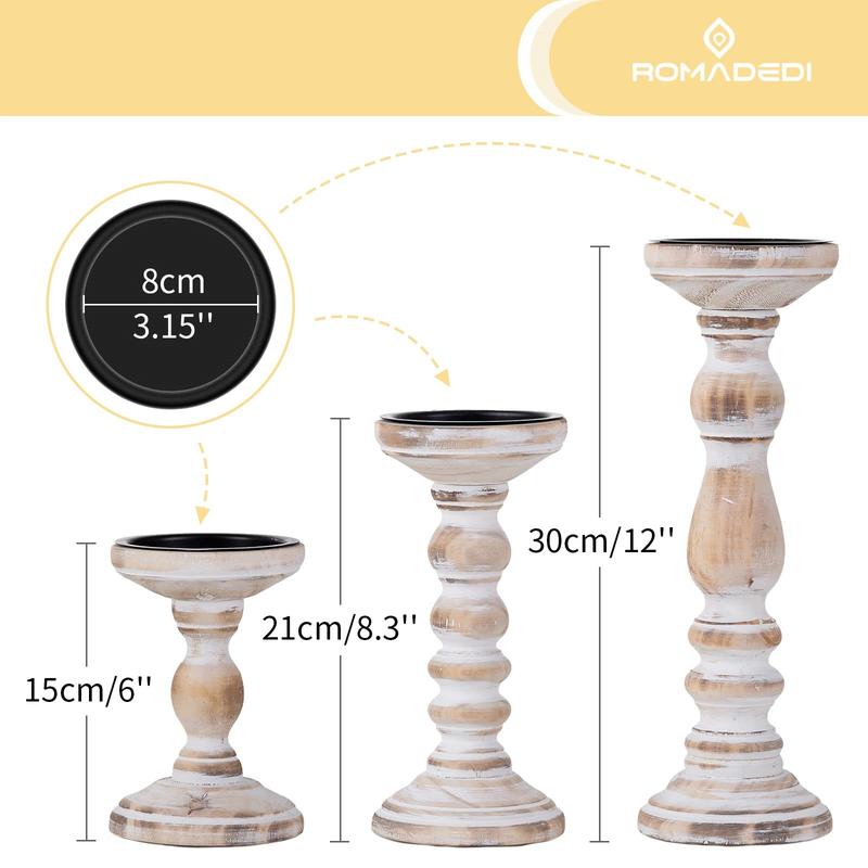 Candle Holder for Pillar Candles: Nuptio Set of 3 Decorative Wood Candlestick Holders, Rustic Wooden Candle Stand for Fireplace Mantle End Table Shelf in Farmhouse Style, Whitewashed 6”, 8.3”, 12”