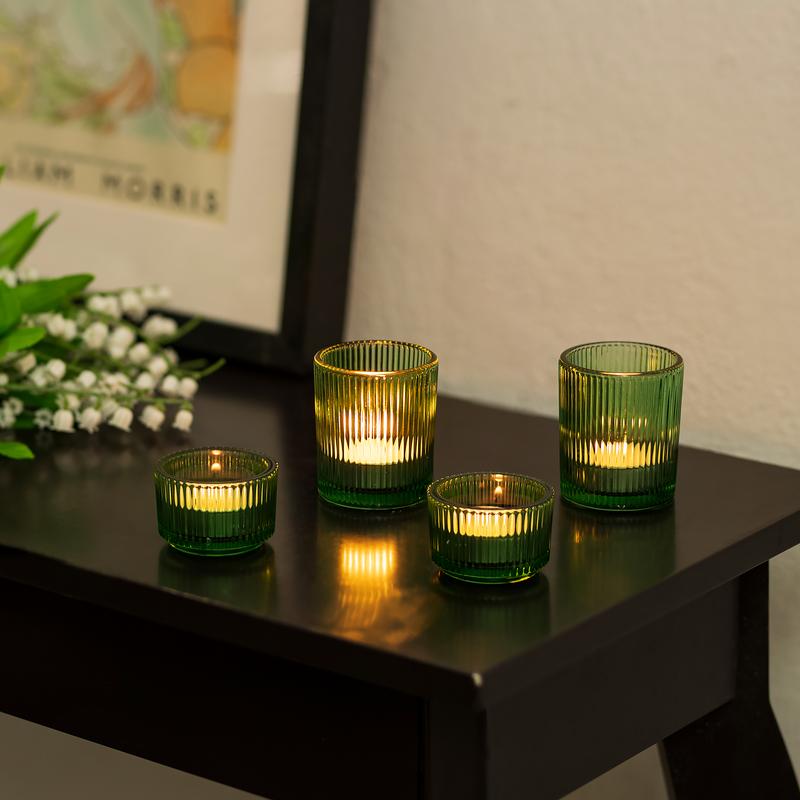 Green Ribbed Glass Tealight Holders: Decorative Votive Candle Holders for Table Centerpiece, Wedding, Christmas, and Dining Room Decor.