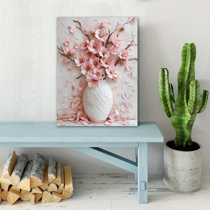 Charming Pink Floral Vase Canvas Art , Textured Background with Green Leaves & Light Beige Walls - Perfect for Living Room Decor(Frameless)