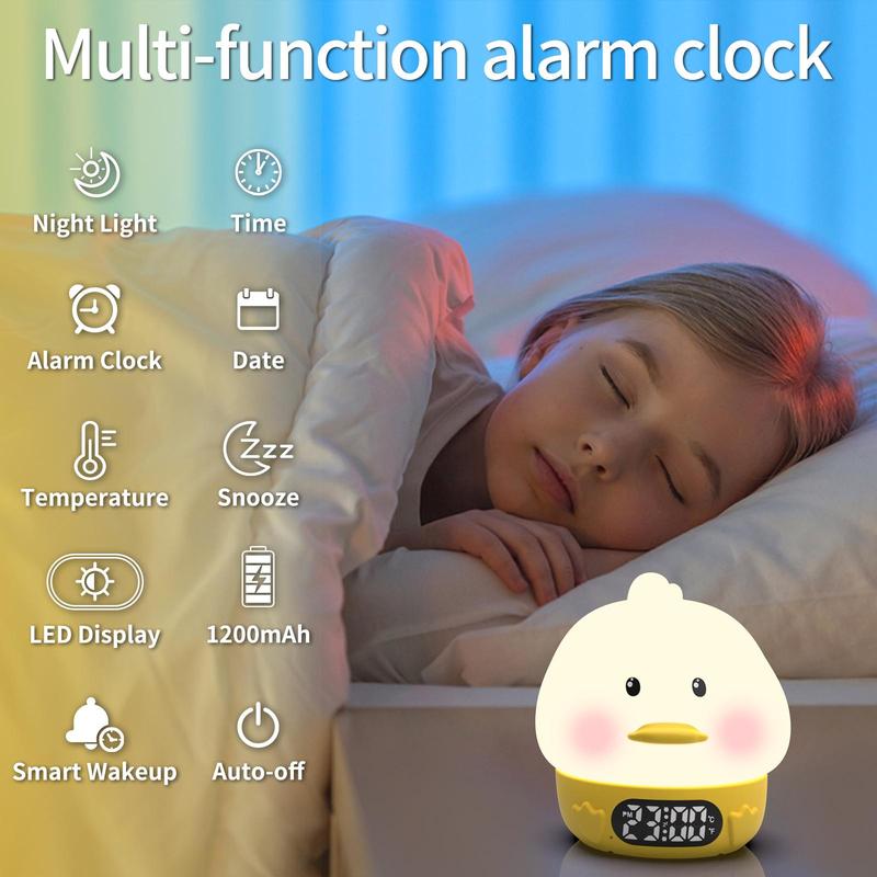 5 in 1 Alarm Clock, 1 Count USB Rechargeable Cute Duck Design Night Light Alarm Clock, Digital Clock with 7 Color Night Lights for Home Bedroom