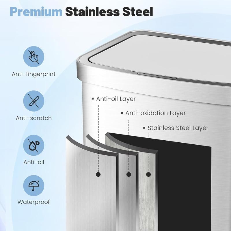 13 Gallon Automatic Trash Can, Rectangular Motion Sensor Waste Trash Bin w Soft Close Lid & Deodorizer Compartment, Smart Touchless Stainless Steel Garbage Can for Kitchen Office