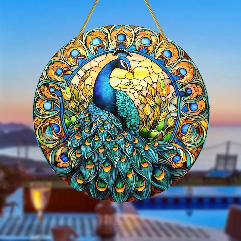 Peacock Pattern Hanging Decoration, Round Acrylic Hanging Ornament, Hanging Door Sign for Home Garden Yard, Spring Decorations for Home