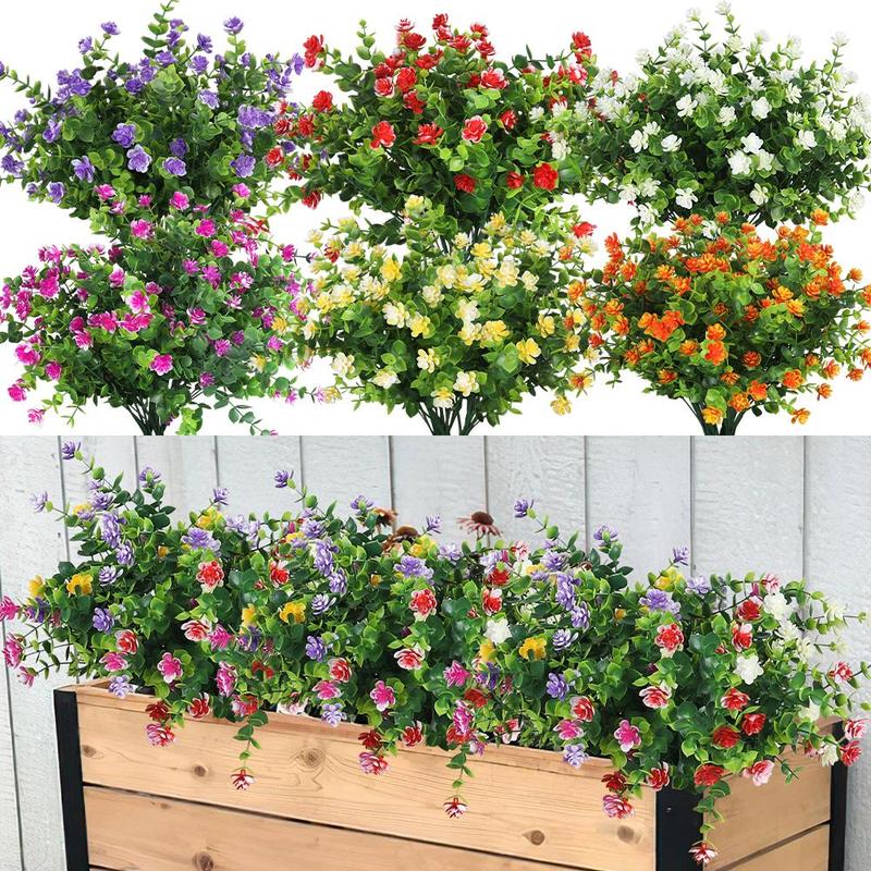 Faux Flower, 6 Counts set Outdoor UV Resistant Faux Plastic Floral Plant, Suitable for Decorating Window, Porch, Landscaping, Living Room