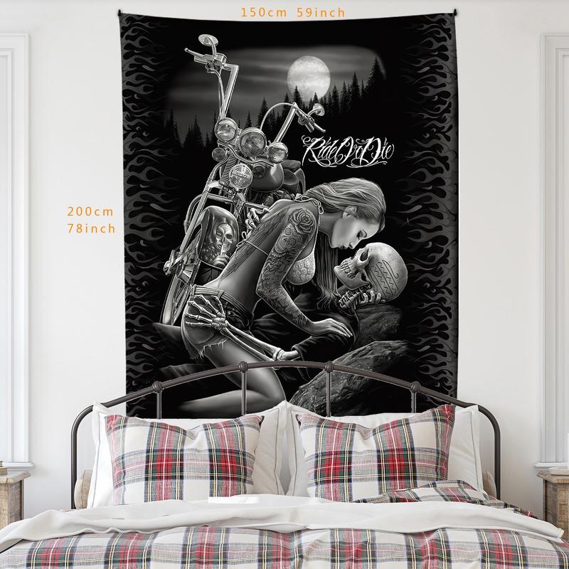 Halloween Motorcycle & Couple Pattern Tapestry, Halloween Decor Gothic Style Wall Hanging, Wall Decor for Home Living Room Bedroom Office Dormitory