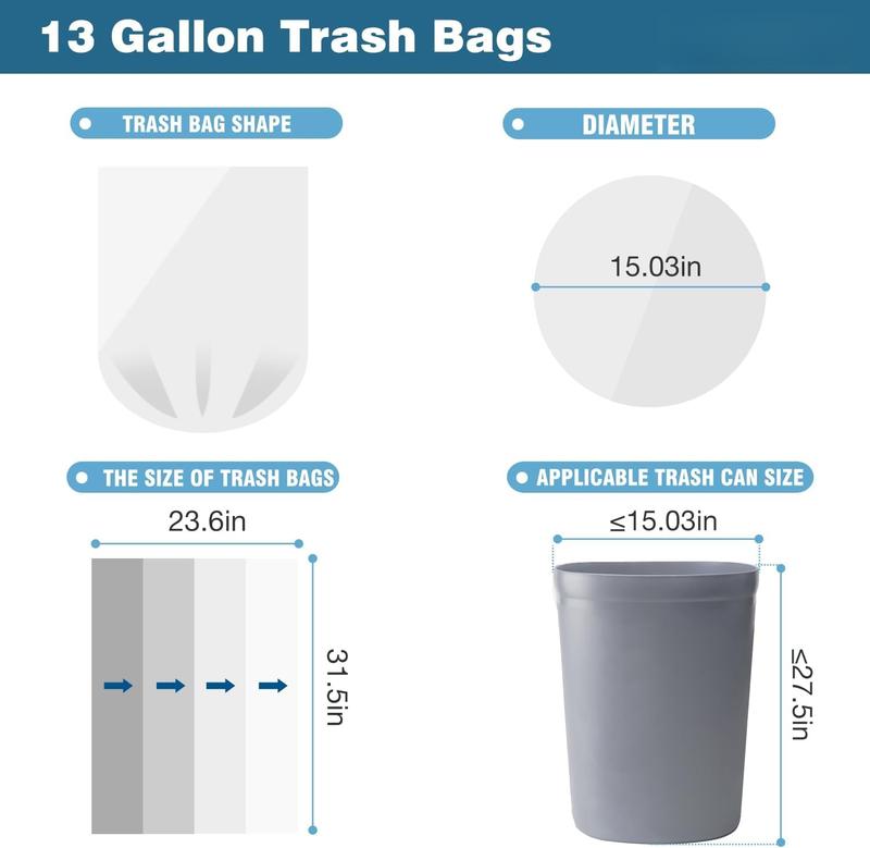 13 Gallon  Tall Kitchen Trash Bags,Large Plastic Garbage Bags for Bathroom Office Home Trash Can Bin, Bolsas De Basura 13 Galones, White Unscented 50 Count Bulk