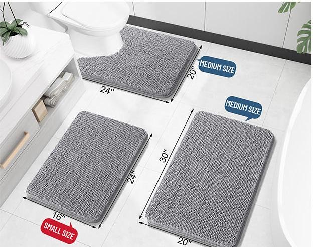 Bathroom Rugs 30x20, Extra Soft Absorbent Chenille Bath Rugs, Non-Slip, Dry Quickly, Bath Mats for Bathroom Floor, Tub and Shower, Grey Rubber Microfiber