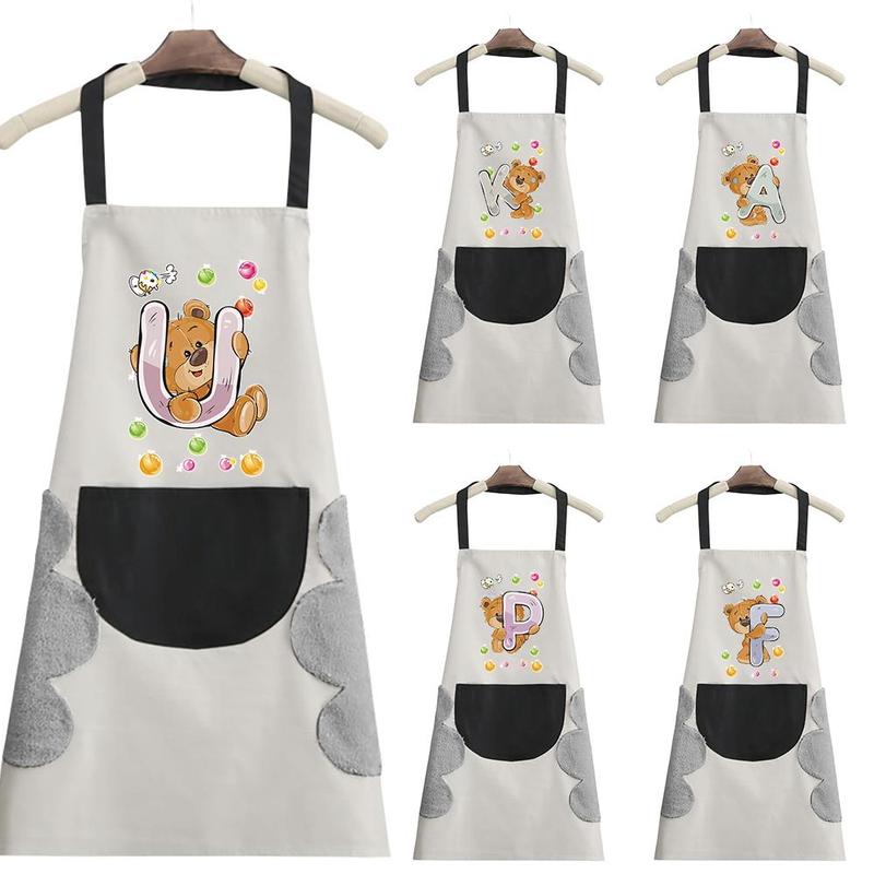 Bear & Letter Pattern Apron, 1 Count Adjustable Bib Apron, Easy Cleaning Stain-resistant Kitchen Cooking Apron for Restaurant & Home