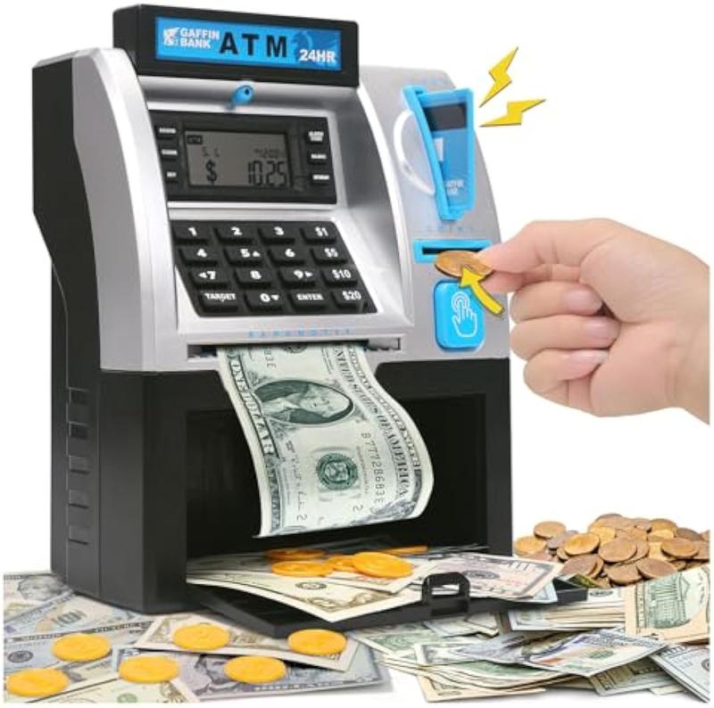 ATM Piggy Bank for Real Money, Digital Electronic Saving Safe Machine Box with Debit Card, Bill Feeder, Coin Recognition, Balance Calculator, Password Lock Case, Gift for Kids Boys Girls