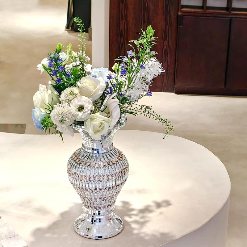 Large Ceramic Vase Inlaid with Rhinestones Vintage Silver Flower Vase for Home Decor 30cm Flower Vase