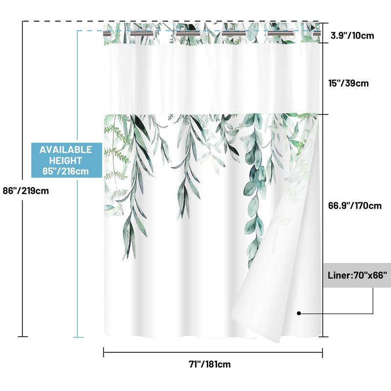 PUNKRAY Double Shower Curtain Sage Green Leaves No Hook Shower Curtain with Snap in Liner  Fabric Waterproof Shower Curtains Washable 71 x 74 Inch   71 x 86 Inch