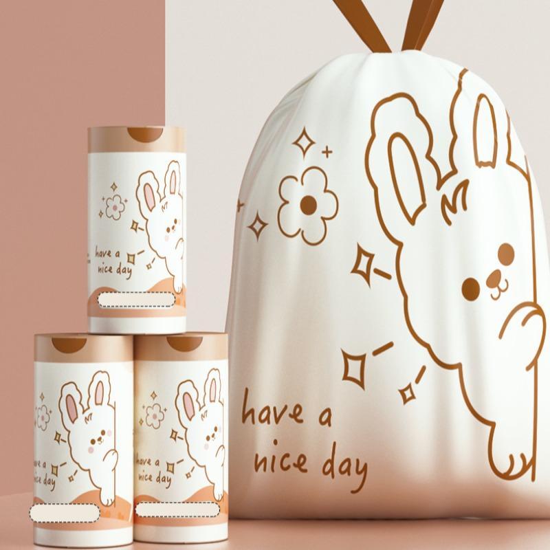 Rabbit Pattern Drawstring Bin Bag, 20pcs 60pcs Large Capacity Self Closing Leak-proof Bin Bag, Household Bin Bag for Kitchen & Bathroom