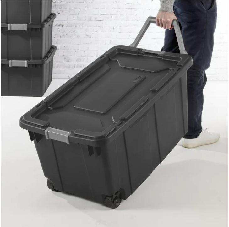 40 Gallon Plastic Tote for Adults, Wheeled Industrial Style, Flat Gray