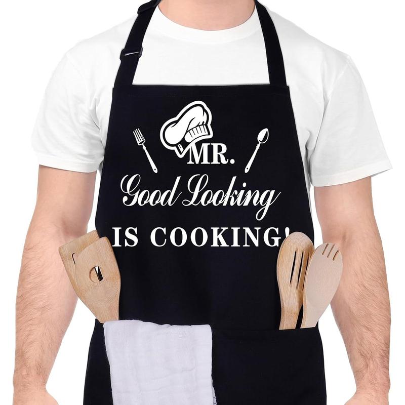 Funny Aprons for Men, MR GOOD LOOKING IS COOKING, Professional Kitchen Cooking Apron Chef Husband Bib Aprons With Double Pocket Adjustable for Father's Day Birthday Gift