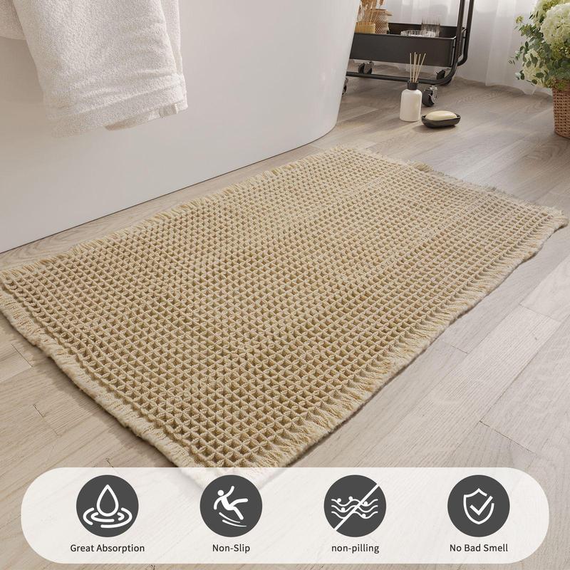 Boho Style Waffle Bath Mat, 1 Count Non-slip Washable Bath Rug, Super Absorbent Bath Mat, Soft Shower Mat for Bathroom Floor, Tub and Shower