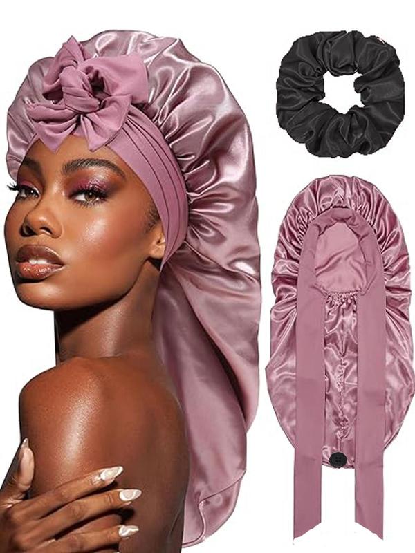 Solid Color Satin Sleeping Bonnet & Hair Tie, Elastic Sleeping Bonnet & Ponytail Holder, Sleeping Bonnet with Elastic Hair Tie Band for Daily Life