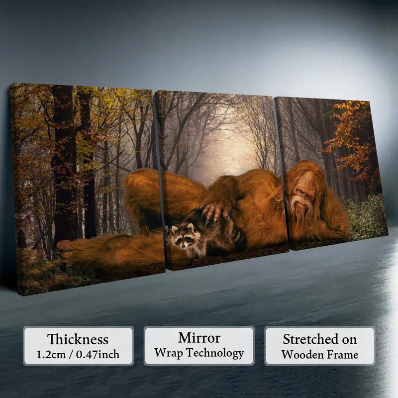 Wooden Framed Canvas Painting, 3 Counts set Sasquatch & Animal Pattern Wall Art, Modern Wall Decor for Home Living Room Bedroom Office