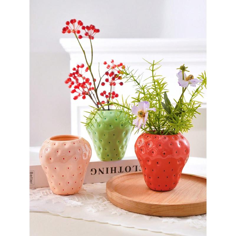 1pc Mini Adorable Strawberry Shaped Vase, Three Colors (red, Pink, Green) Optional, Hand-painted Decorative Resin Vase For Home, Restaurant Table Decoration And Hydroponic Plants