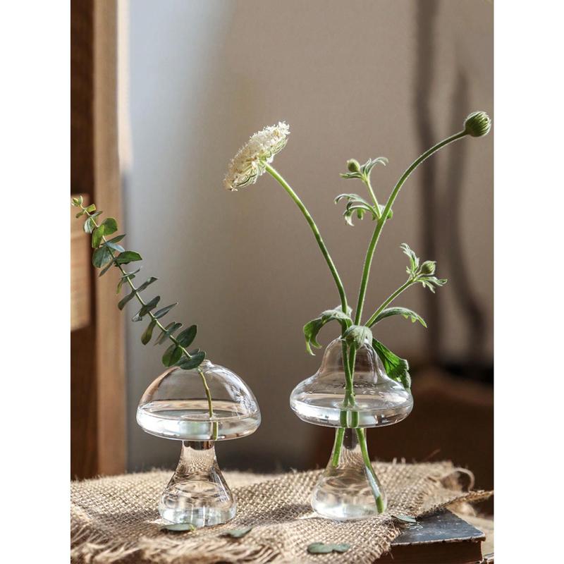 1 Nordic style hydroponic mushroom vase - Narrow mouthed smooth transparent glass bud vase suitable for home, office, living room decoration - Indoor plant creative plant vase