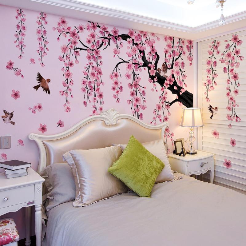 Peach Blossom Tree & Bird Pattern Wall Sticker, 4 Sheets set Self Adhesive Wall Decal, Decorative Sticker for Home Living Room Bedroom