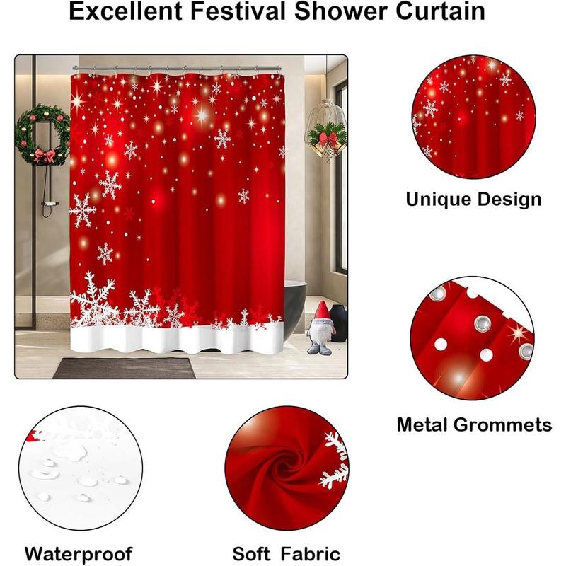 Christmas Shower Curtain, Red Christmas Snowflakes Shower Curtains for Bathroom Decor, Red Winter Holiday Shower Curtain, Xmas Funny Glitter Sparkle Fabric Cloth Bath Curtain, 72x72 Inch