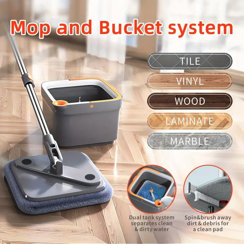 Spin Square Mop Square Spin Mop and Bucket Set, with Dirty Clean Water Separation System, Self Rotating Mop-Head for Hardwood Tile Marble Floors with 2 6 Pcs Mop