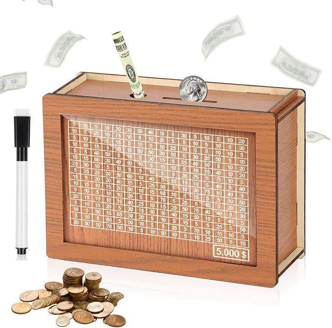 Money Saving Box,Wooden Money Box,Savings Box,with Money Target and Numbers with Counter Crafts Portable Storage Case Money Saving Box for Adults Child (10000 Dollar)