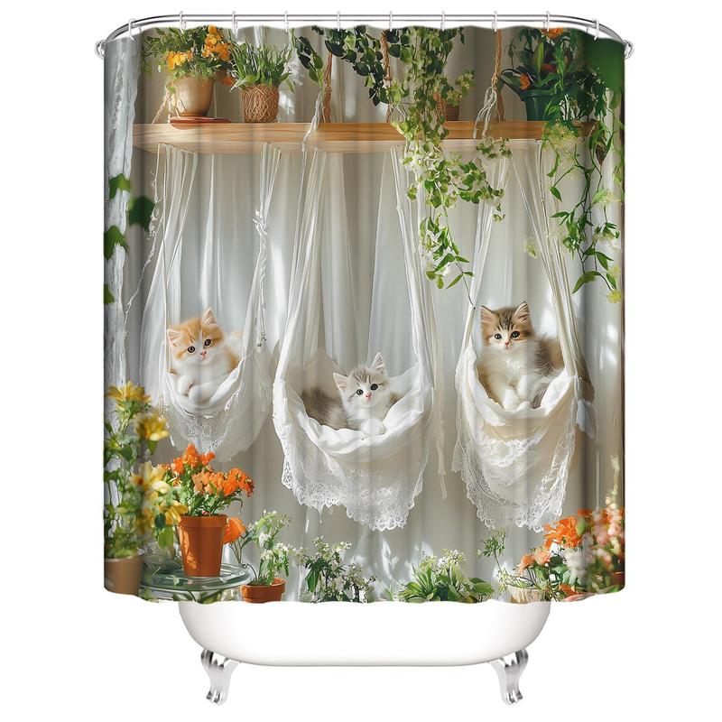 Cute Cat Pattern Shower Curtain, Floral & Cat Pattern Bathroom Curtain with 12 Hooks, Bathroom Decoration Supplies for Home Hotel Salon Dormitory