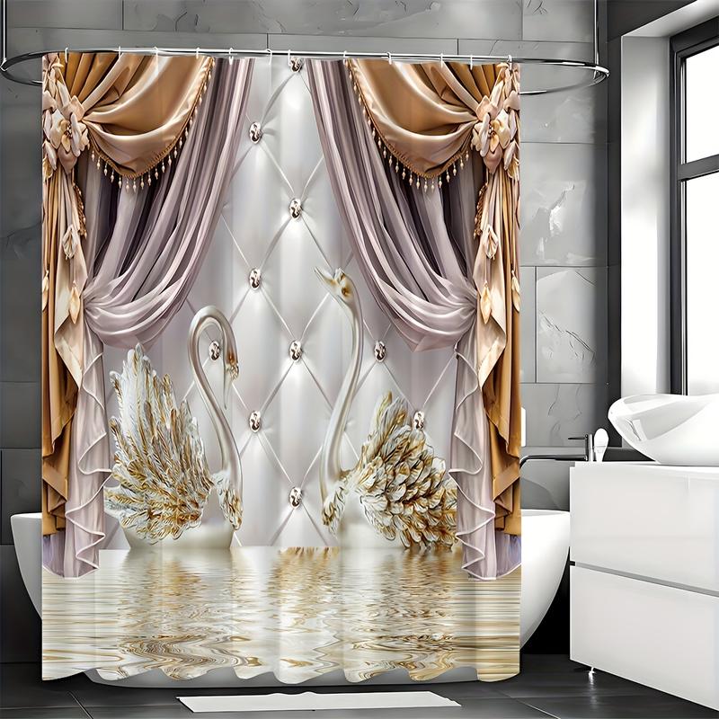 Shower Curtain Set Gold Floral Swan Print with Hooks Waterproof Bathroom Partition Curtain Room Decoration Accessories Flower