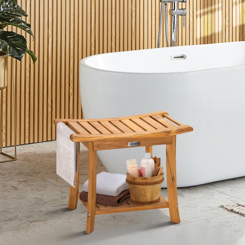 PHI VILLA Teak Shower Bench with Storage Shelf and Waterproof Wooden Seat - Bathroom Shower Stool