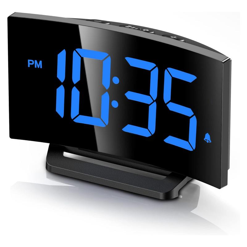 Digital Alarm Clock for Bedroom, Digital Clock with Modern Curved Design, Conspicuous LED Numbers, 5 Levels Brightness+Off,2 Volume, 3 Alarm Tones, Snooze, Power-Off Memory, 12 24H Decor Gift