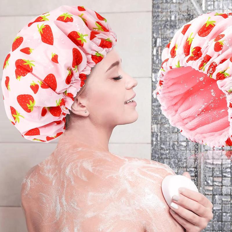 Terry Lined Bath Cap Large Reusable Waterproof Elastic Band Pink Shower Caps for Long Thick Hair ,2024 Housewarming gift