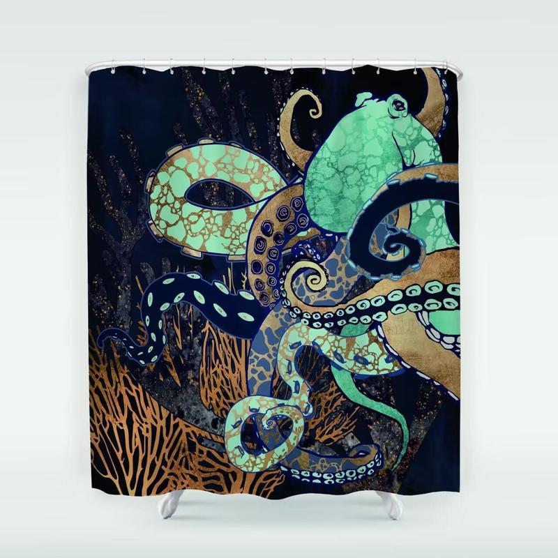 Octopus Pattern Shower Curtain, 1 Count Waterproof Bathroom Curtain with 12pcs Hooks, Bathroom Decor Supplies for Home Hotel Salon