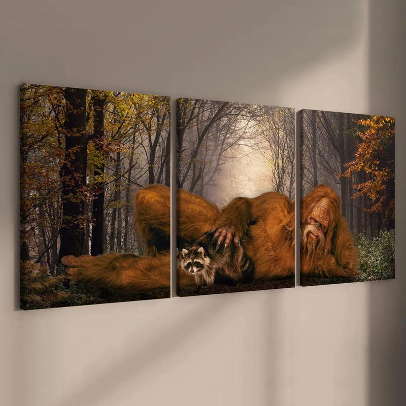 Wooden Framed Canvas Painting, 3 Counts set Sasquatch & Animal Pattern Wall Art, Modern Wall Decor for Home Living Room Bedroom Office