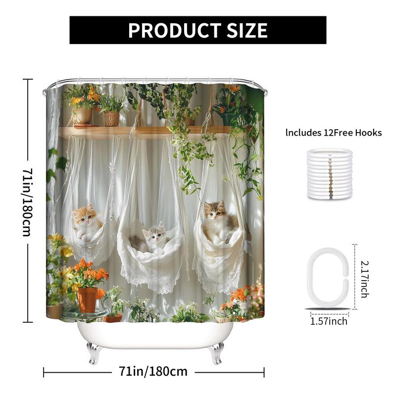 Cute Cat Pattern Shower Curtain, Floral & Cat Pattern Bathroom Curtain with 12 Hooks, Bathroom Decoration Supplies for Home Hotel Salon Dormitory