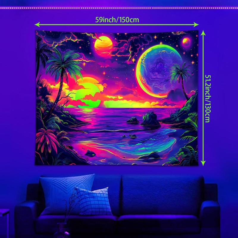 Galaxy Pattern Tapestry, 1 Count UV Reactive Beach Coconut Tree Sky Sunset Fluorescent Tapestry, Aesthetic Art Decoration Hanging Wall for Room Living Room Dormitory Dining Room