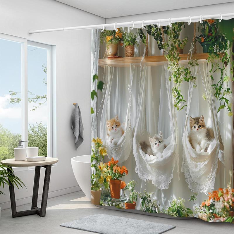 Cute Cat Pattern Shower Curtain, Floral & Cat Pattern Bathroom Curtain with 12 Hooks, Bathroom Decoration Supplies for Home Hotel Salon Dormitory