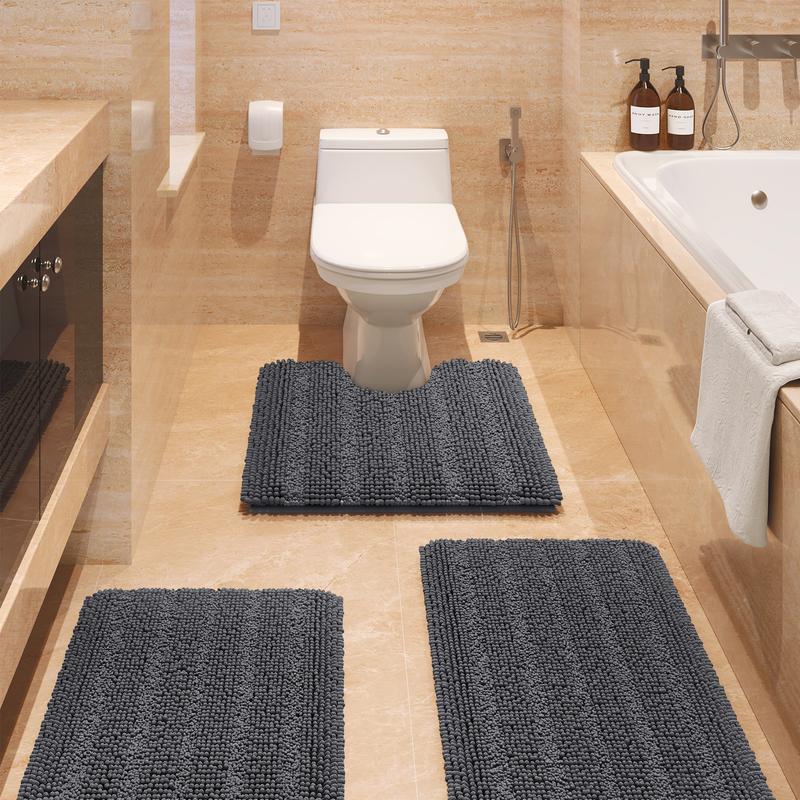 ACCUMTEK Striped Bathroom Rug Set 3 Pieces Ultra Soft, Non Slip Chenille Toilet Mat, Absorbent Plush Shaggy Bath Mats for Bathroom, Bedroom, Kitchen