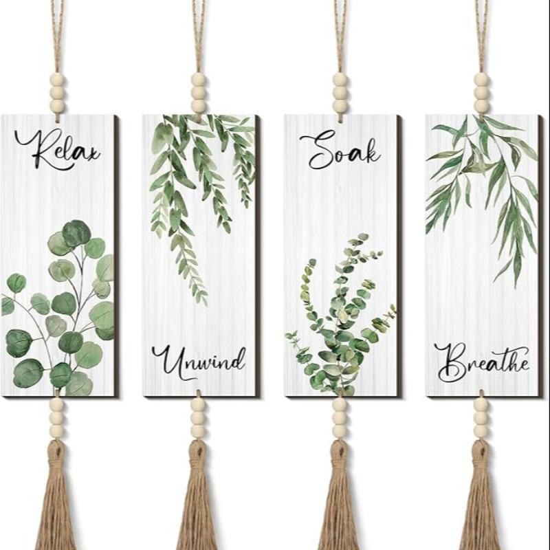 Wooden Bathroom Wall Decor, 4 Counts set Boho Leaf & Letter Pattern Wall Hanging Decor with Tassel, Wall Decor for Home Bathroom