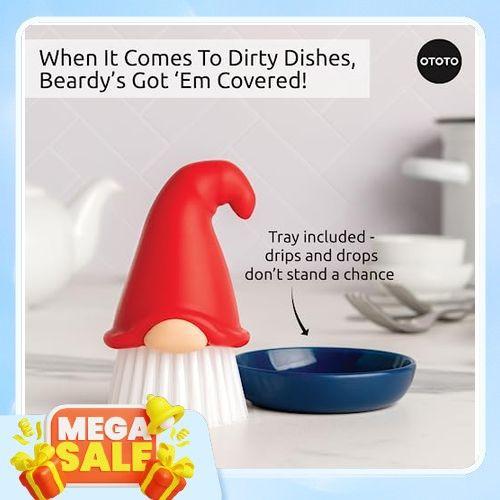 OTOTO Beardy Dish Brush - Dish Scrub Brush, Gnome Gifts, Quirky Gifts, Dish Brush, Cute Kitchen Accessories, Vegetable Brush, Cute and Useful Gifts for Women