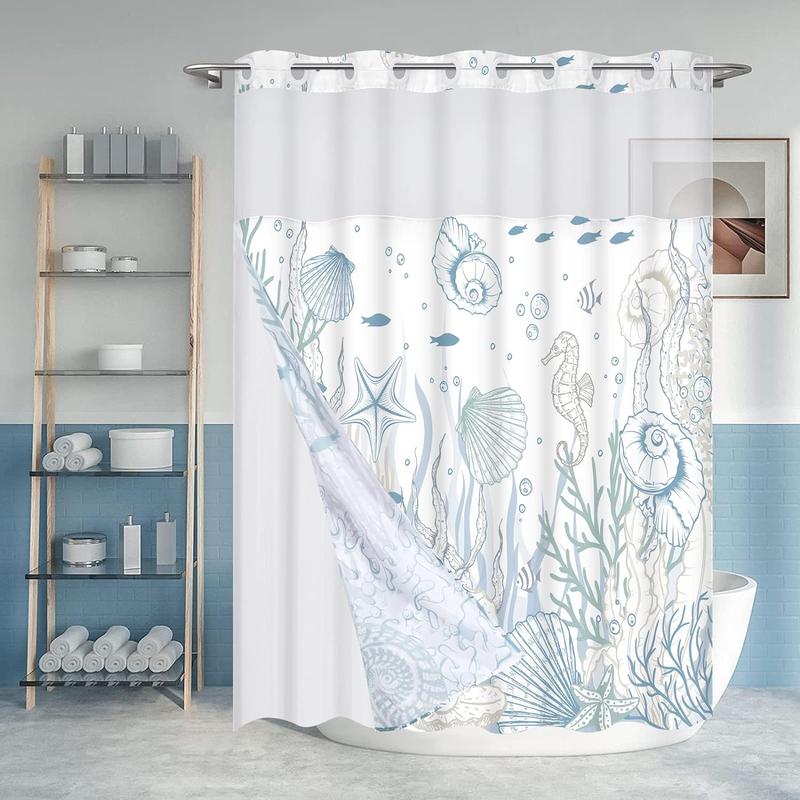 Alishomtll No Hook Shower Curtain with Snap in Liner Seashell Beach Shower Curtain Fabric Waterproof Inner Liner Themed Shower Curtains for Bathroom Decor